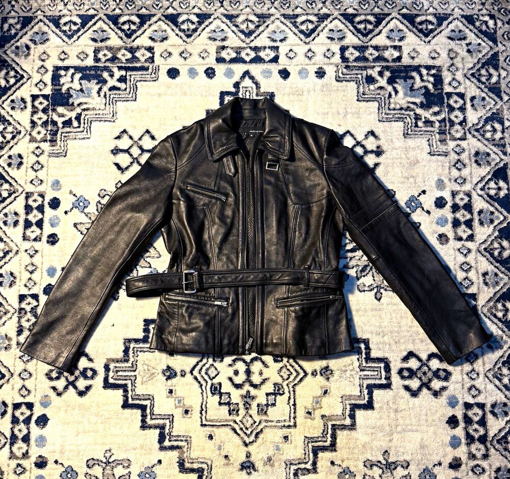 Wilsons Leather Women's Black Leather Belted Zip Lined Biker Jacket Size M